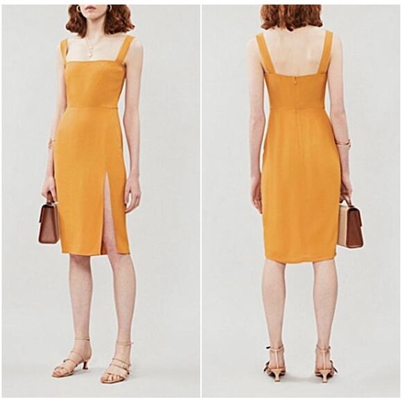 Reformation 0 Goldenrod Crepe Square neck Dress Midi Sheath Mustard Yellow K4 - Picture 3 of 7